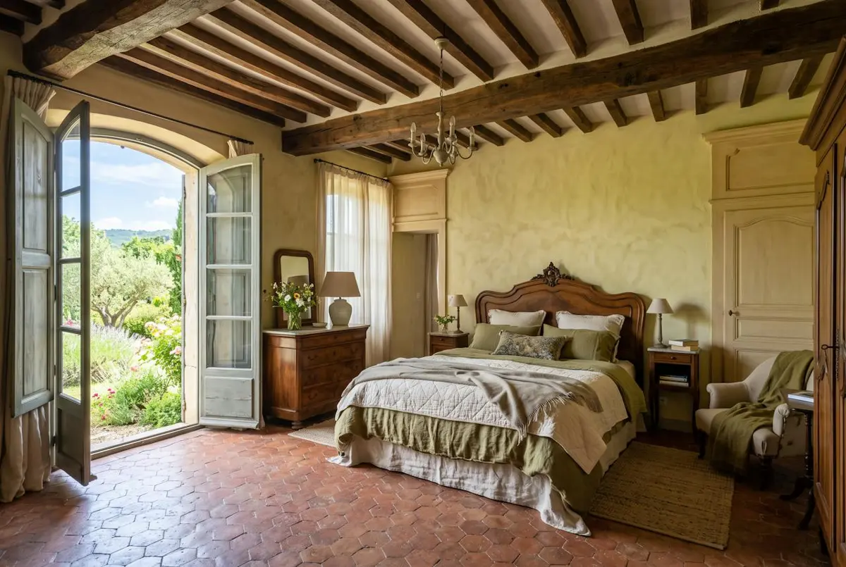 Chambre Les Poutres — une chambre sous les poutres, porte-fenêtre ouverte sur le jardin