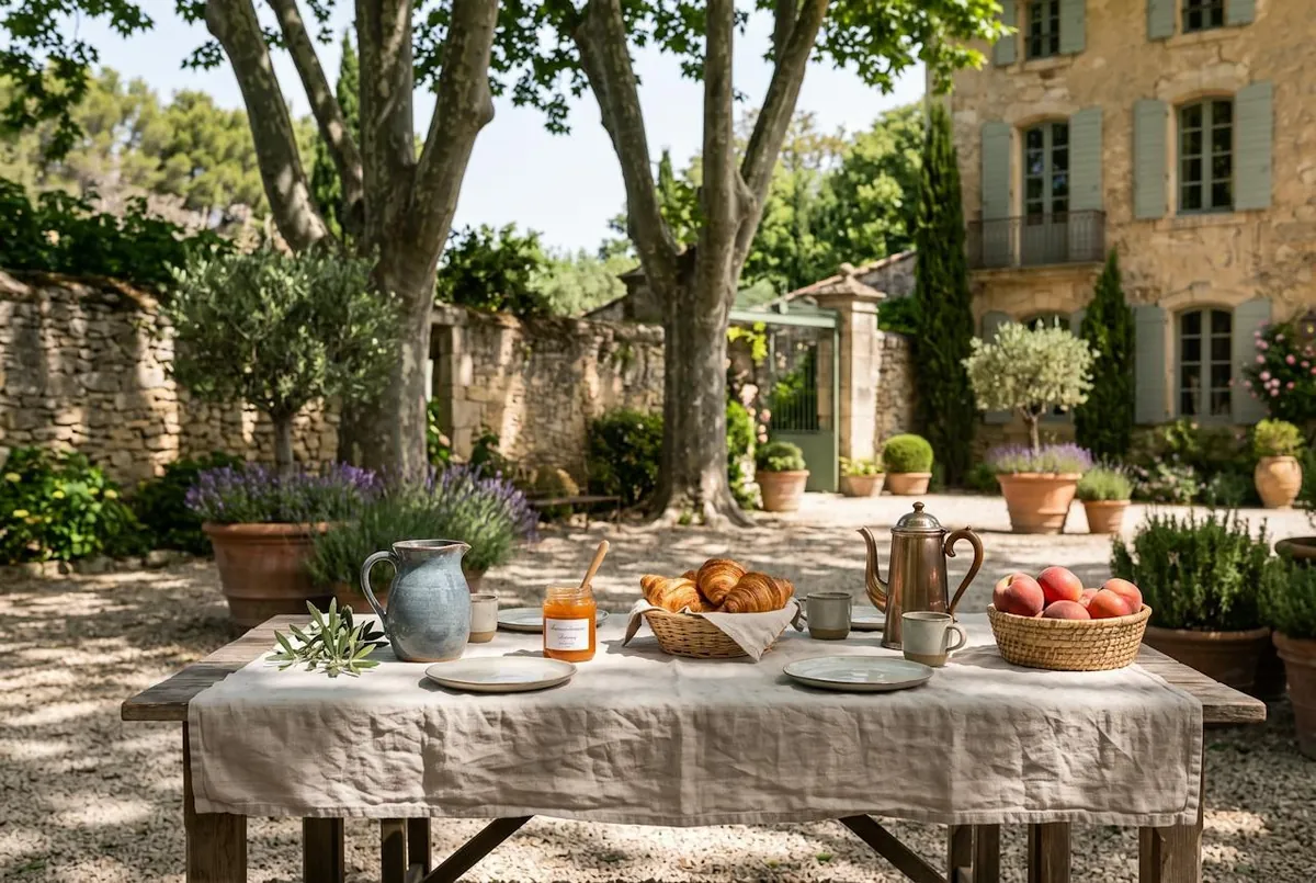 Le petit-déjeuner sous les platanes — la table du petit-déjeuner, sous les platanes
