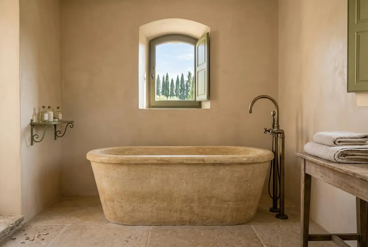 Grande suite La Bastide — une salle de bain en pierre et sa baignoire